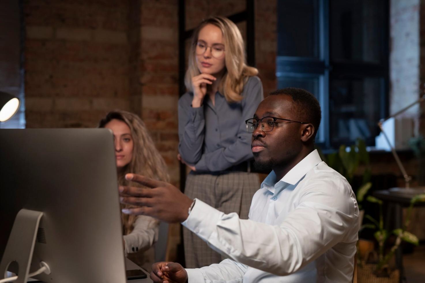 Professional financial analysts reviewing company performance data and market trends